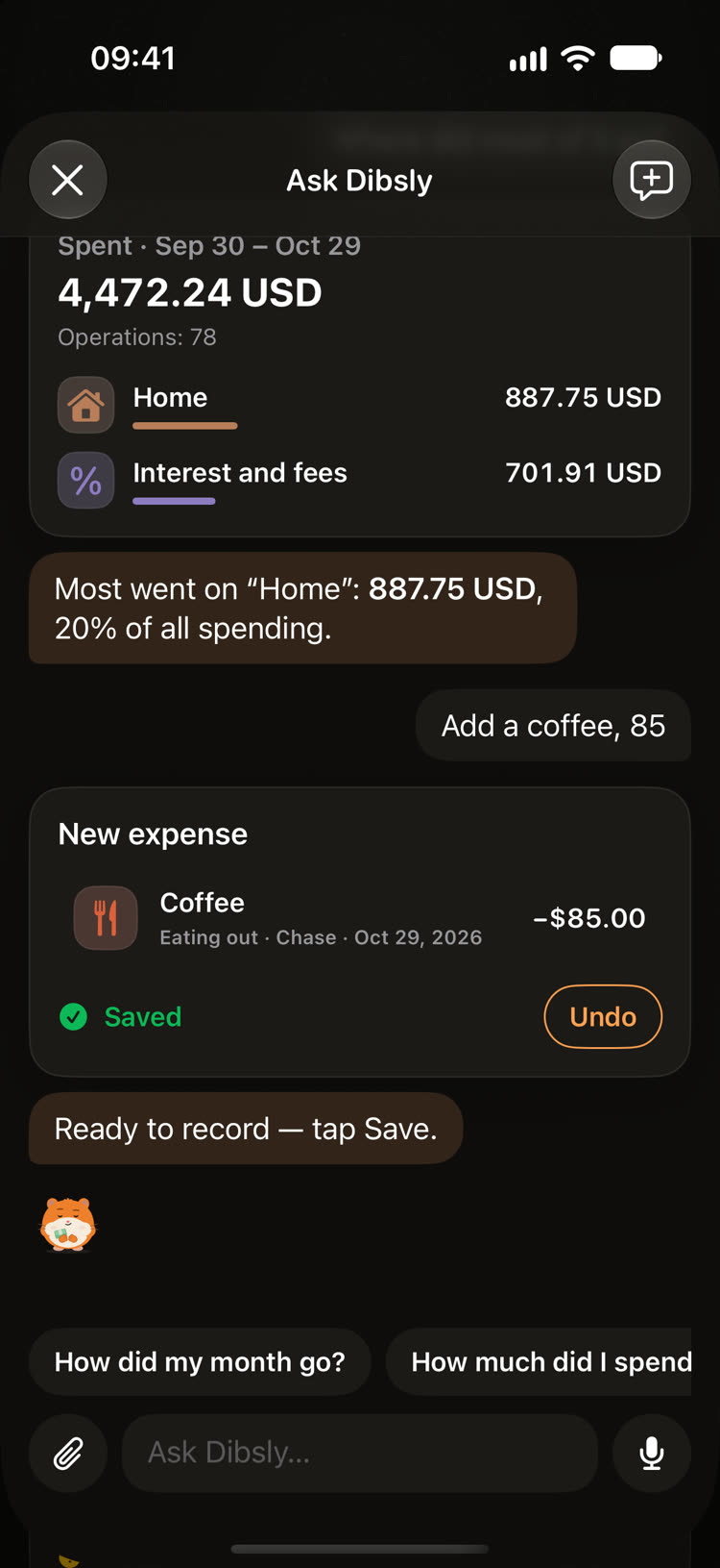 The chat: the expense saved, with Undo