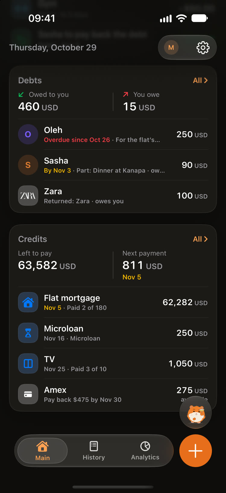 Main: debts and credits