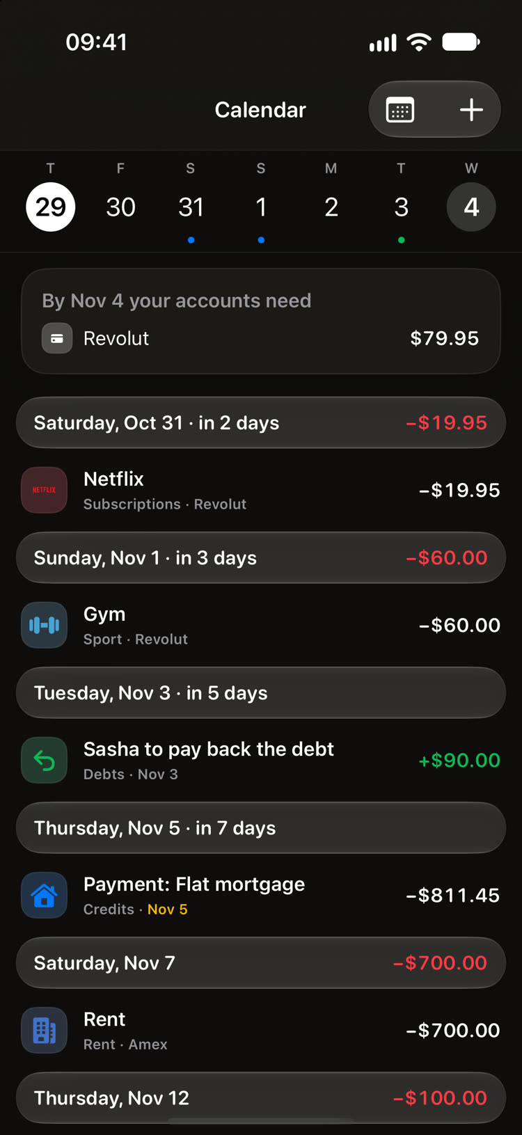 Bill calendar as a list
