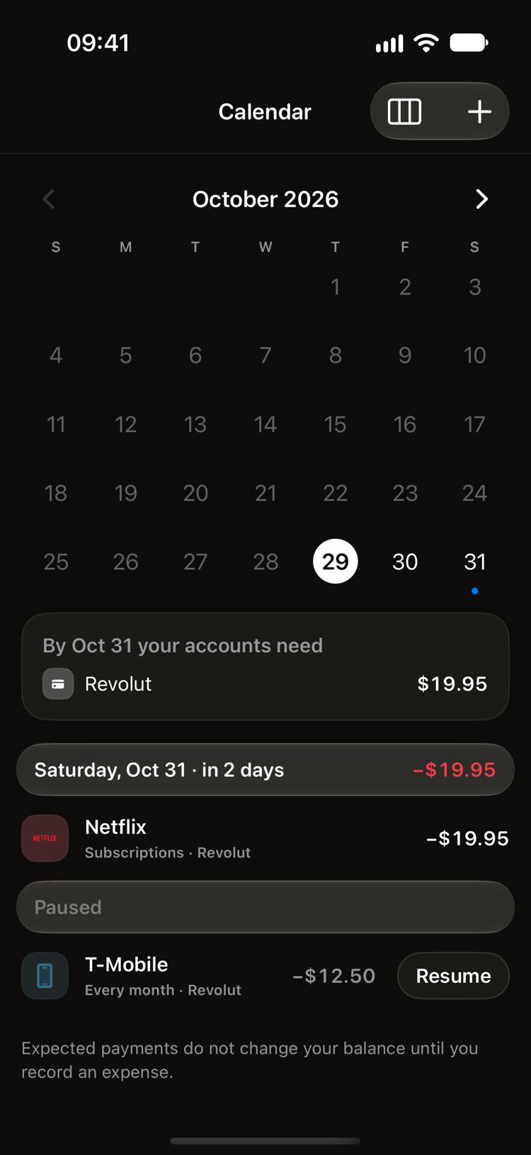 Bill calendar for the month
